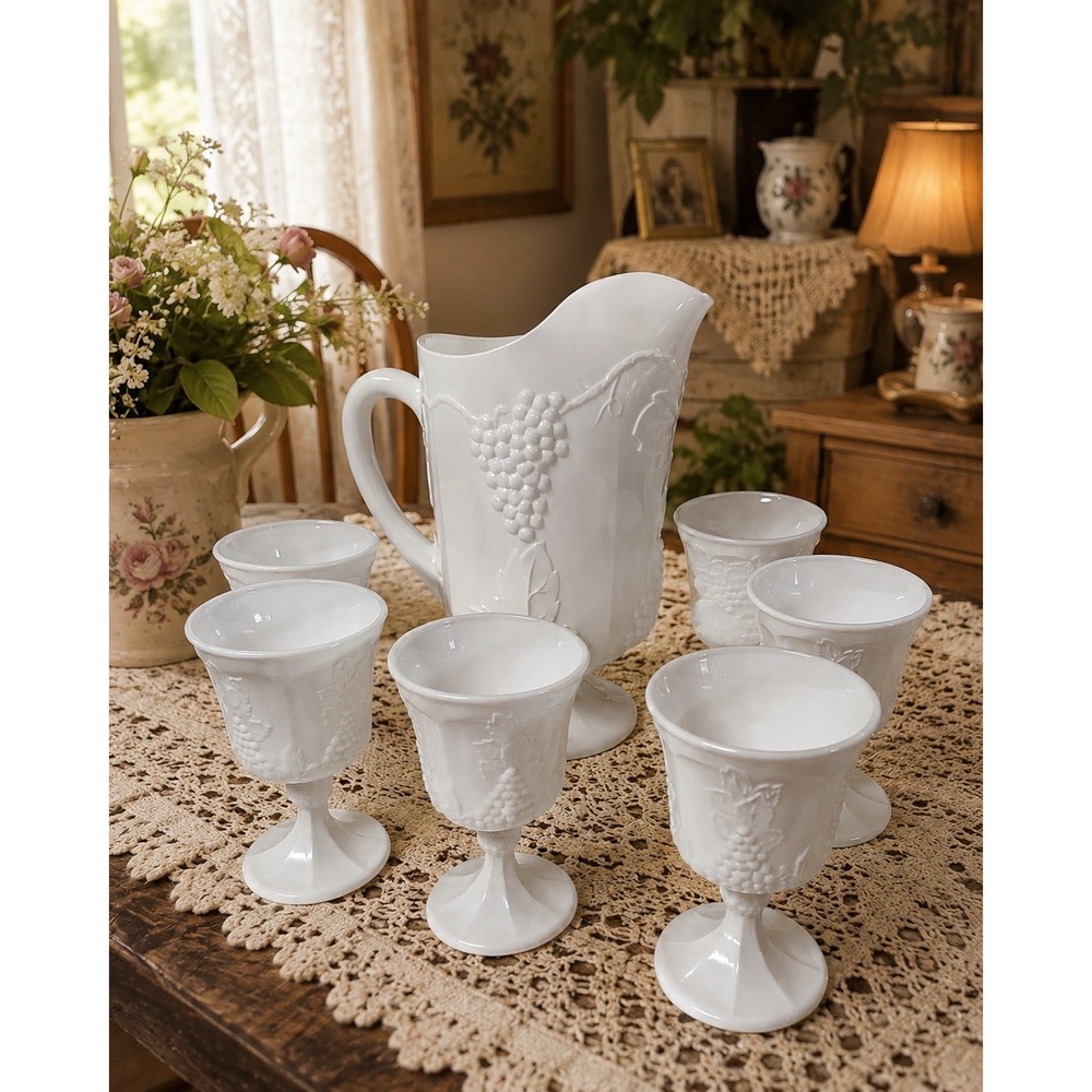 Vintage Indiana Glass Colony Harvest Milk Glass Grape Pitcher 6 Goblets 7 Pc Set